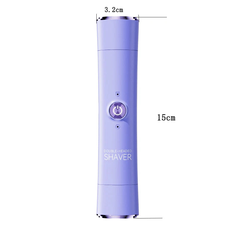 A vertical view of a purple double-headed shaver with a 15cm length and a 3.2cm diameter.