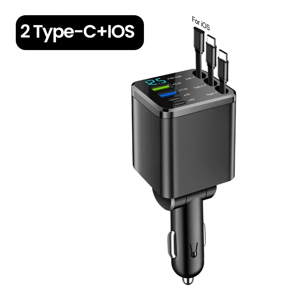 شاحن سيارة أسود بقدرة 180 واط للهواتف الذكية مع شاشة رقمية ومنافذ USB متعددة