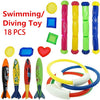 A set of 18 swimming and diving toys including various colored plastic shapes and a yellow ring.