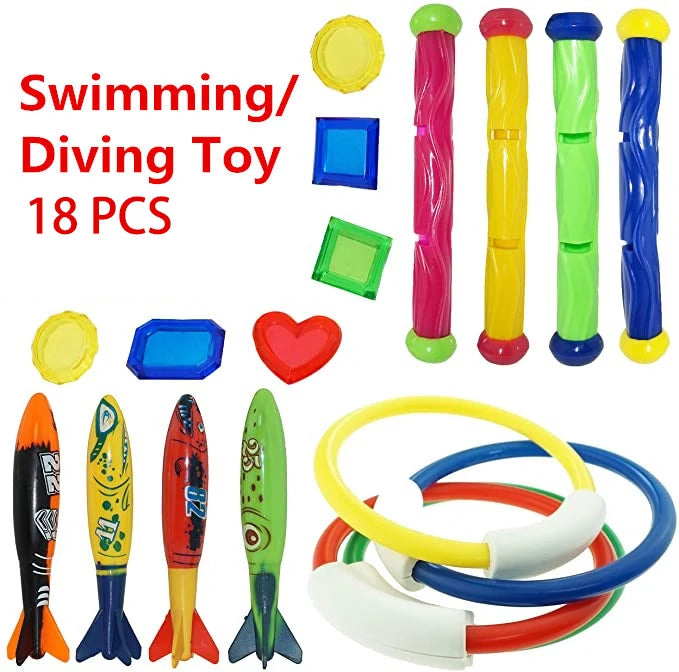 A set of 18 swimming and diving toys including various colored plastic shapes and a yellow ring.