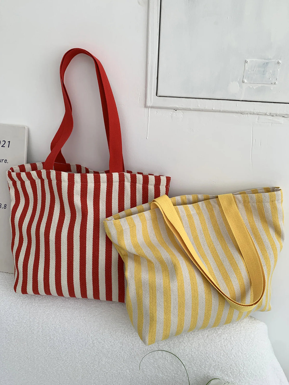 Striped Canvas Shoulder Tote Bag