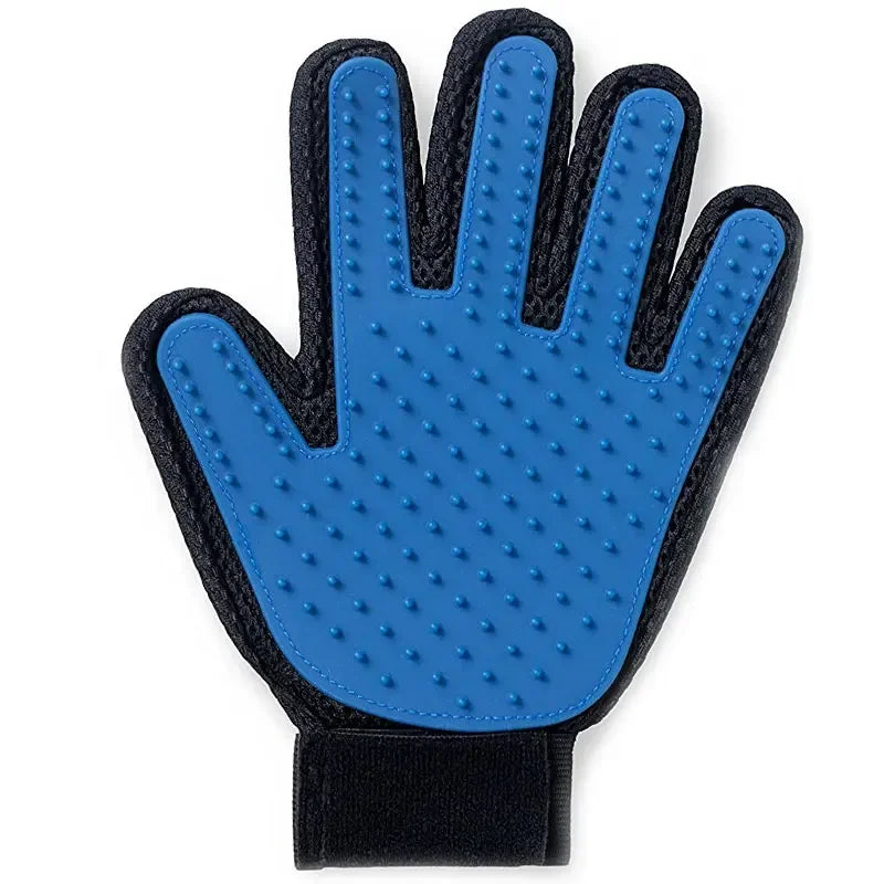 A blue silicone pet grooming glove with a black cuff and textured fingertips for hair removal.