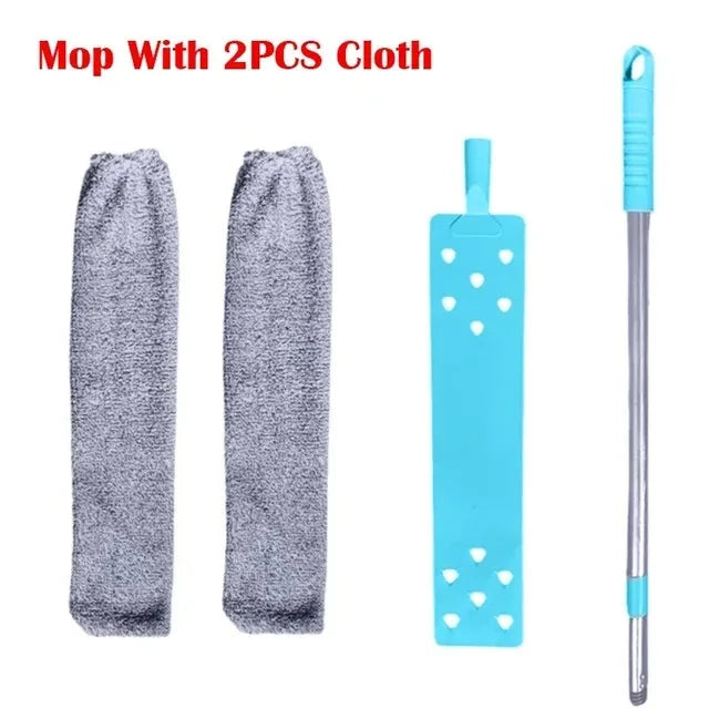 A mop with two pieces of cloth and an extendable handle for cleaning.
