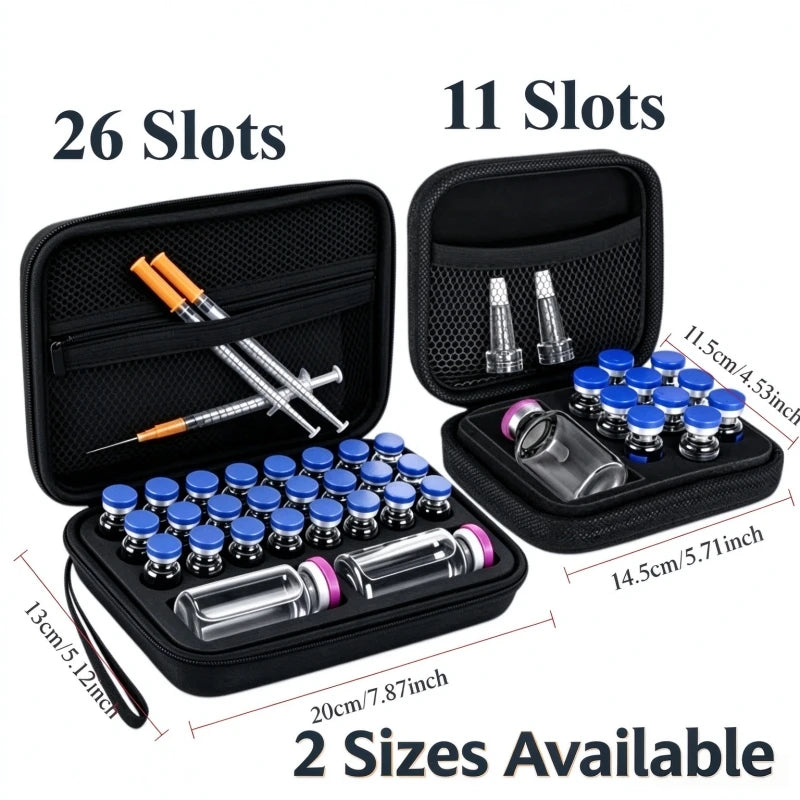 Black portable EVA hard case with 11 slots and 2 sizes available for storing insulin and peptide vials