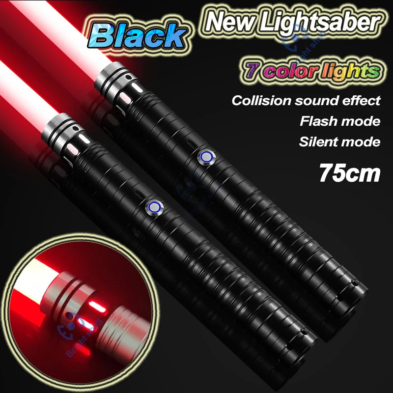 A black lightsaber with a red blade is shown, featuring 7 color lights and collision sound effects.