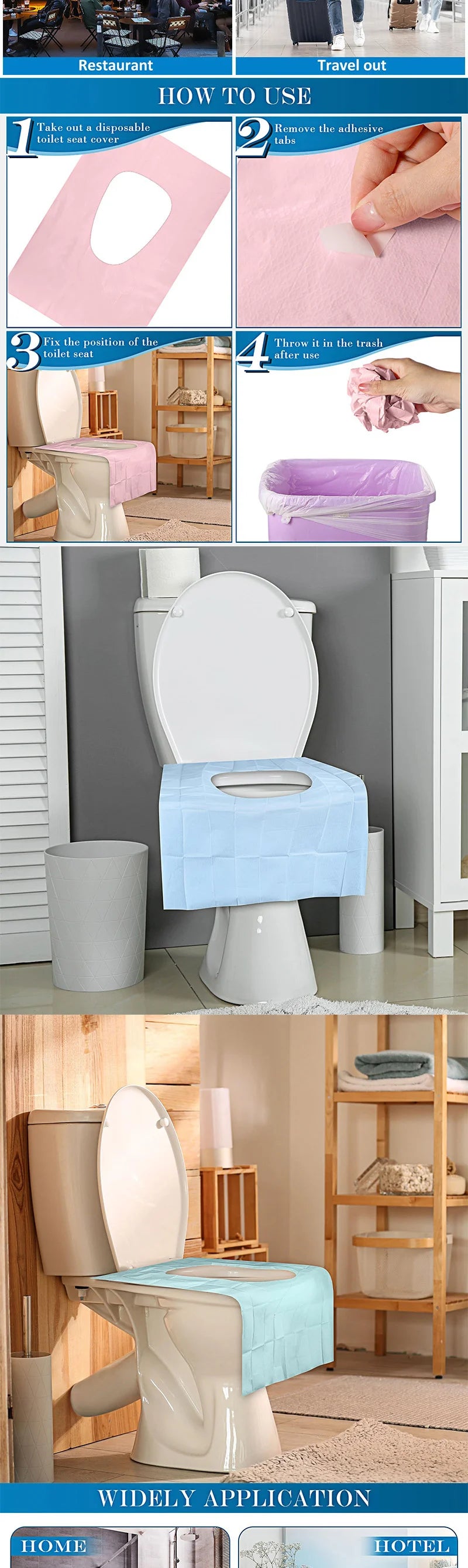 A set of disposable toilet seat covers in light blue and pink colors shown with instructions for use.