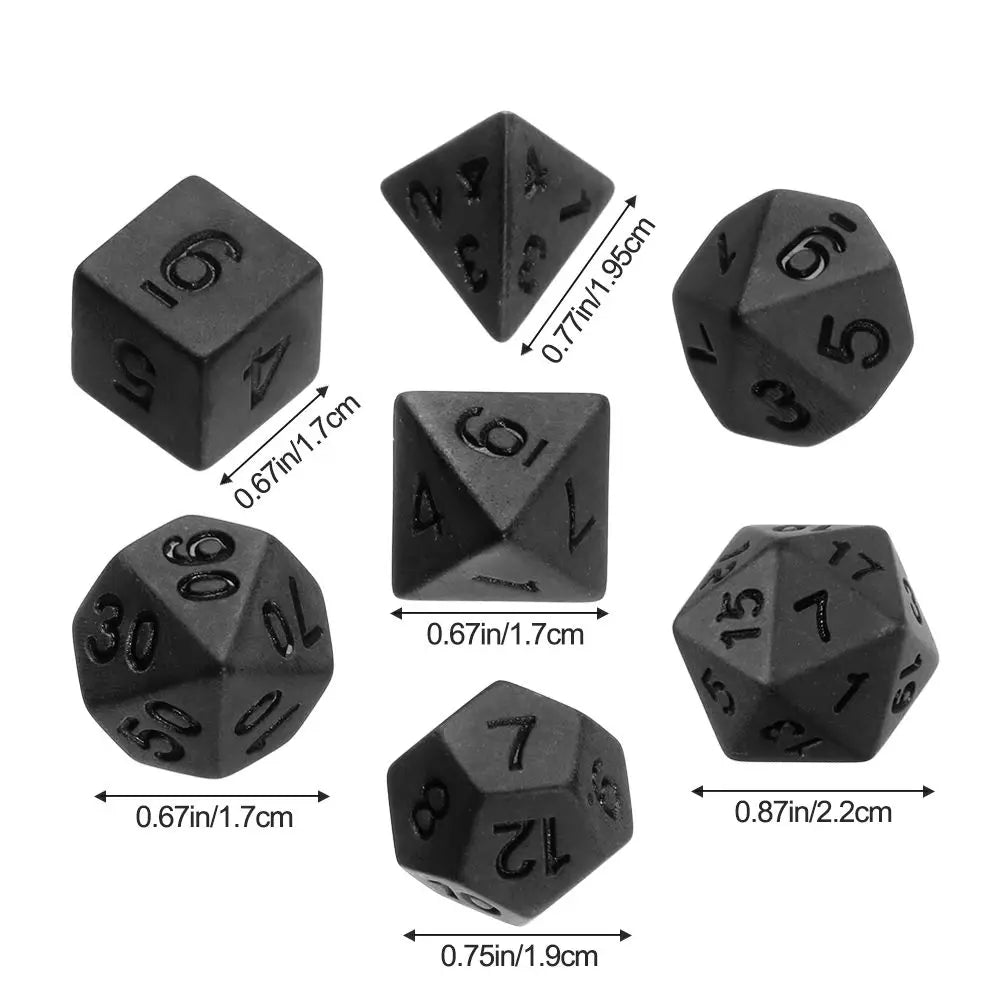 A set of matte black polyhedral dice including d10, d6, d8, d12, and d20 dice.