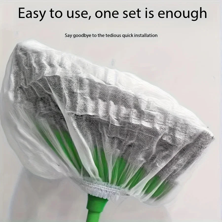 A white disposable broom cover with green bristles is shown, emphasizing easy use and a single set.
