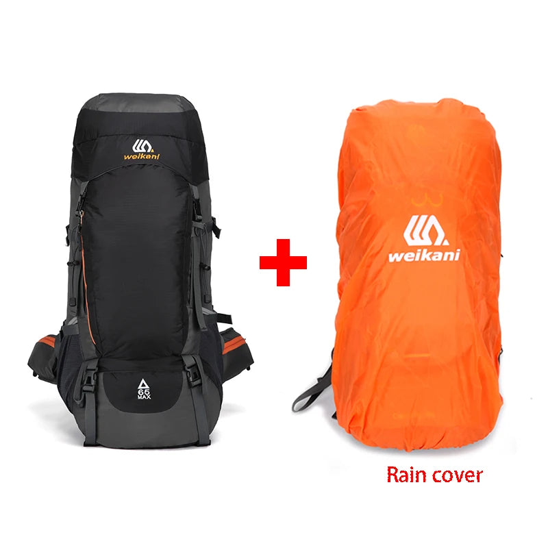 An orange rain cover is shown next to a black hiking backpack.