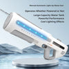 A white manual-automatic light-up water gun is shown angled against a blue background with mountains and water.
