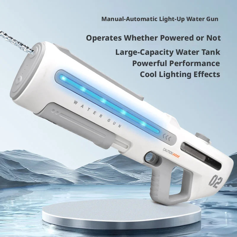 A white manual-automatic light-up water gun is shown angled against a blue background with mountains and water.