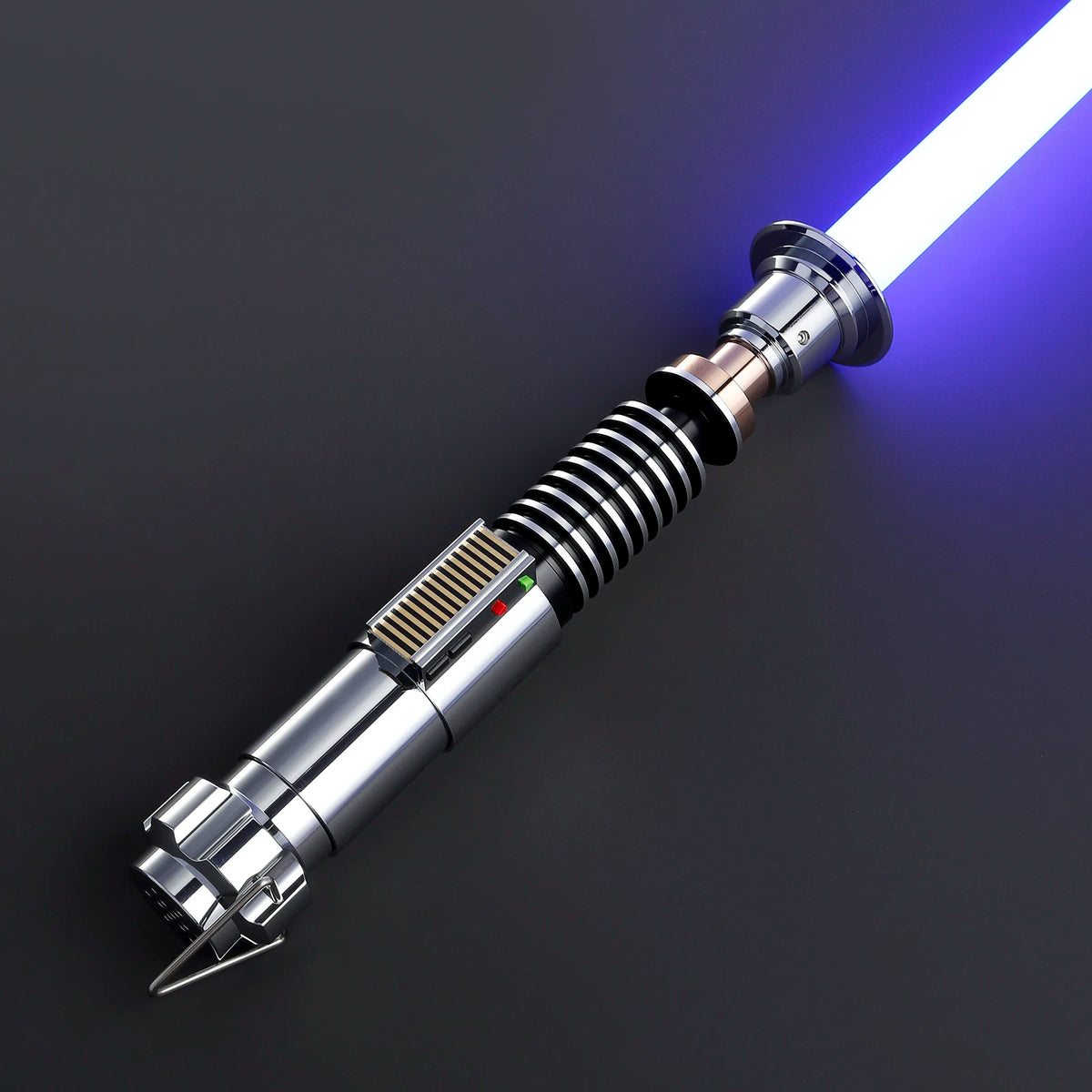 A metallic lightsaber hilt with a glowing blue blade is shown against a dark background.