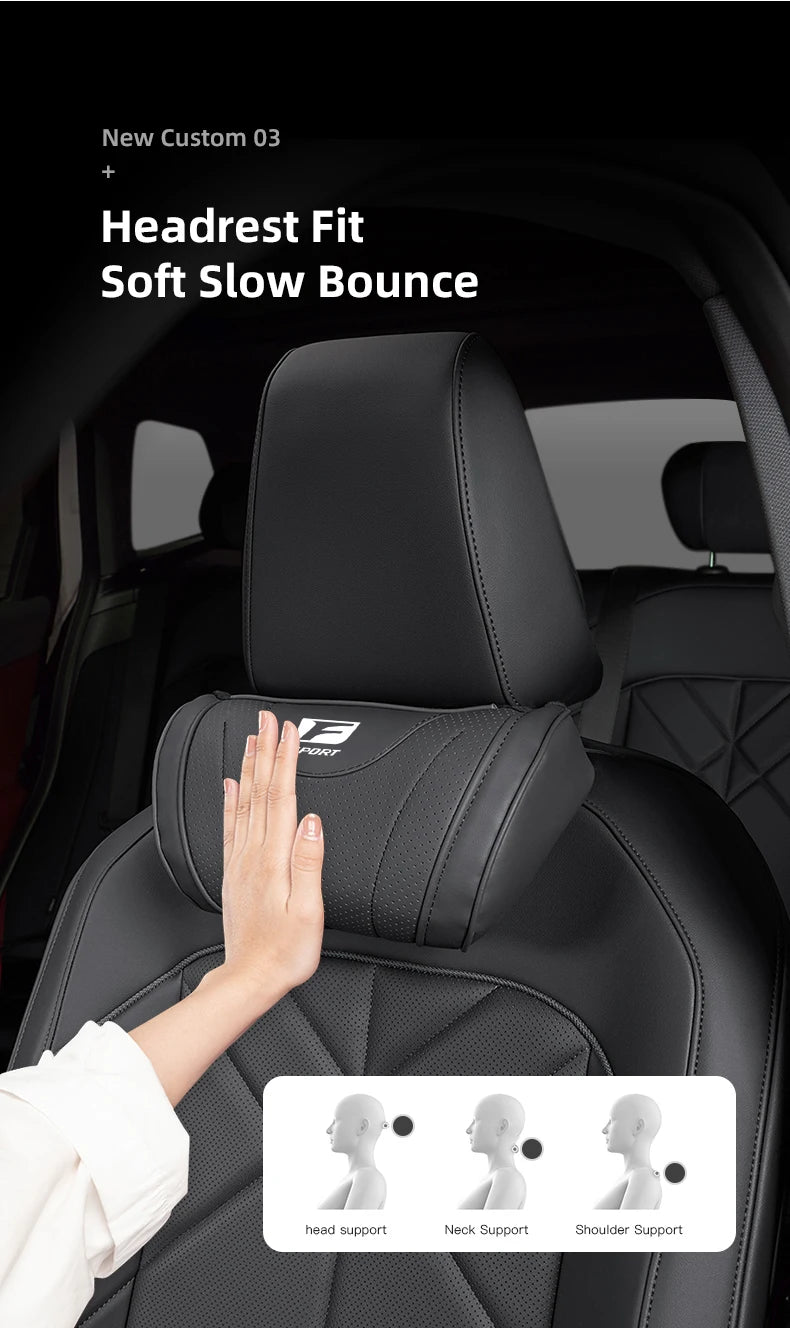 A hand is placing a black headrest neck pillow on a car seat, demonstrating its support features.