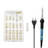 A white kit containing various tips and a soldering pen for wood burning and soldering.