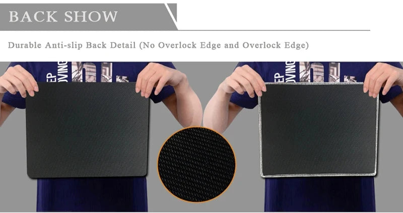 A black gaming mouse pad is shown being held by hands, highlighting the durable anti-slip back detail.