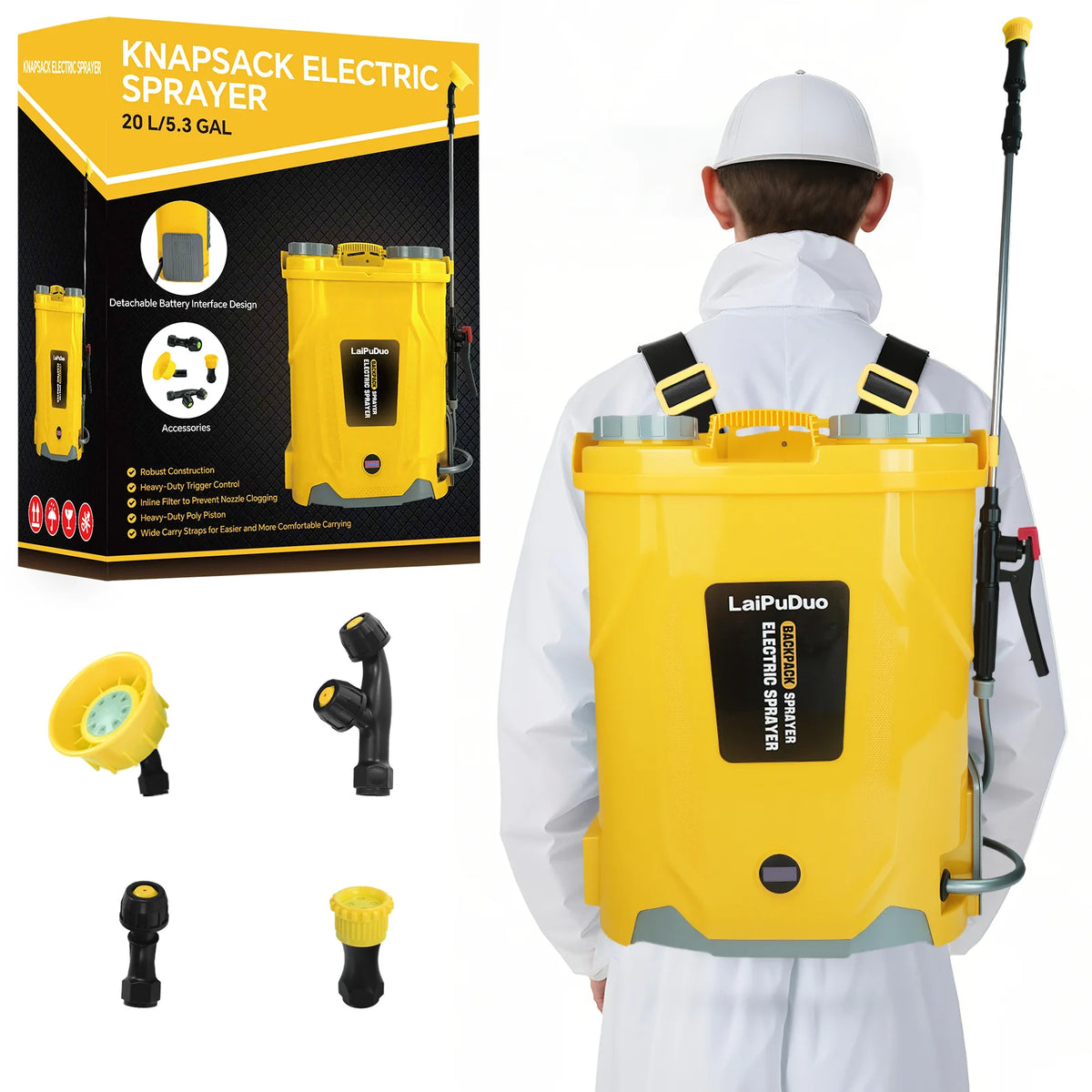 Une personne tient un dosier d'atomiseur électrique jaune avec un tuyau et des accessoires noirs.
