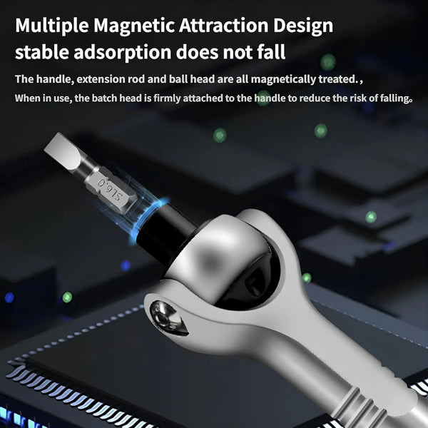 A close-up view of a silver magnetic ratchet screwdriver with a detachable handle and extension rod.