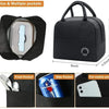 Black insulated lunch bag with multiple pockets shown in various configurations.