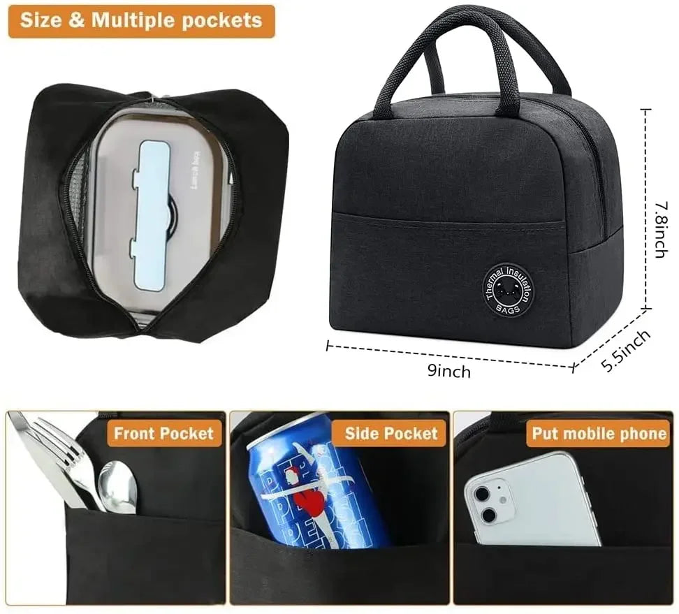 Black insulated lunch bag with multiple pockets shown in various configurations.
