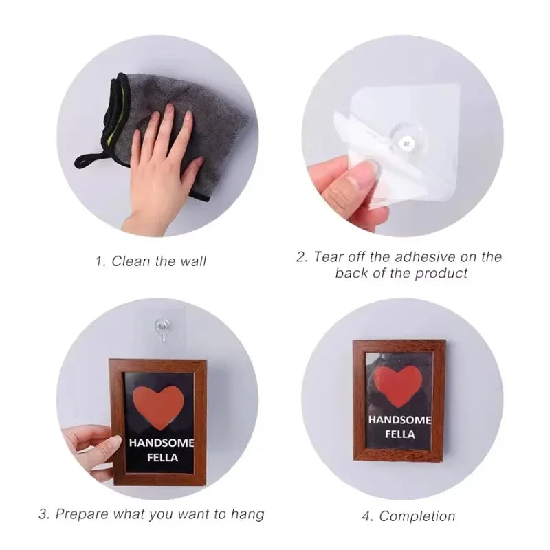Step-by-step guide showing how to use strong adhesive hooks for hanging items on a wall.