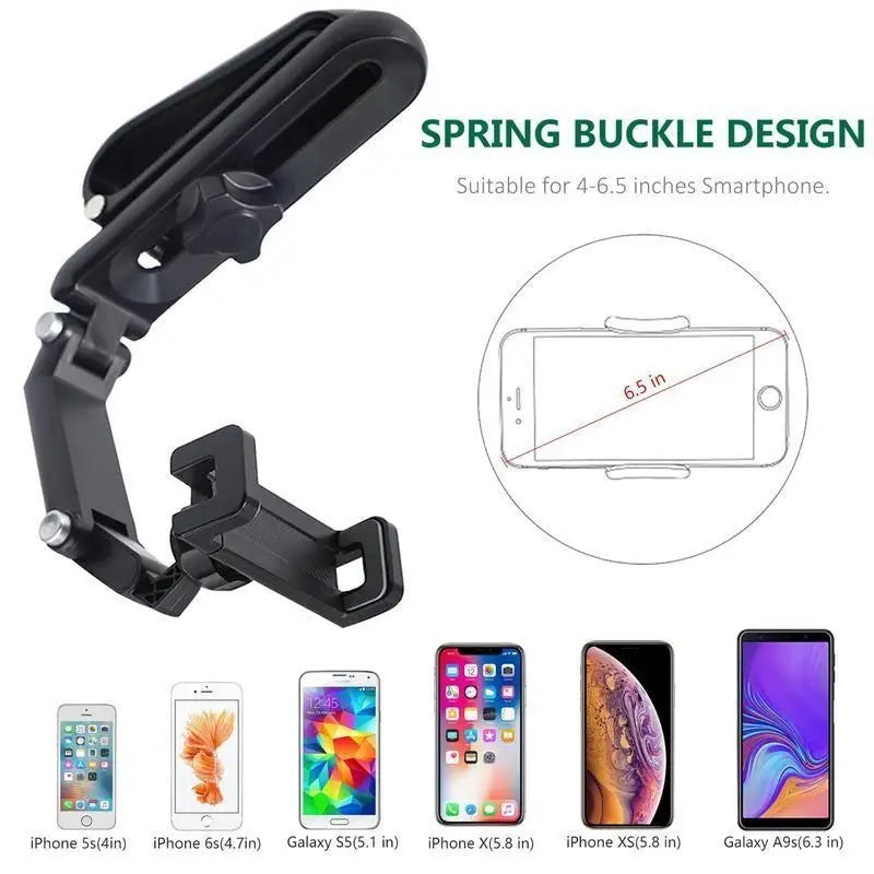 Black spring buckle design phone holder suitable for 4-6.5 inches smartphones.