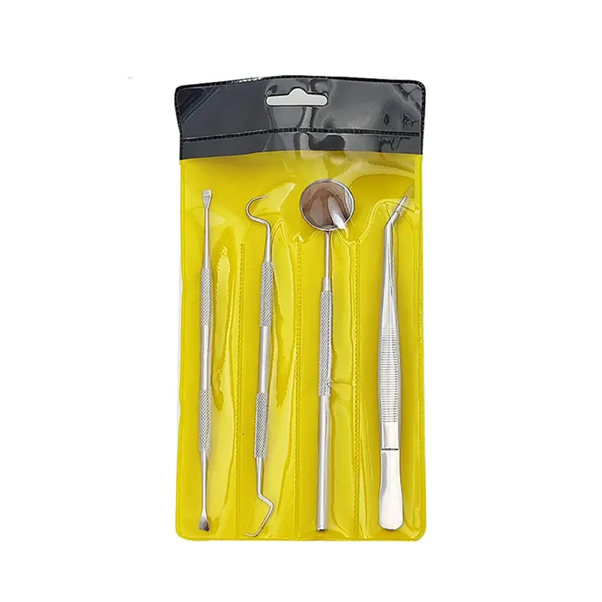 A yellow pouch containing a set of premium stainless steel dental care tools for oral hygiene.