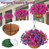 A vibrant purple and pink hanging basket of artificial morning glory flowers displayed outdoors.