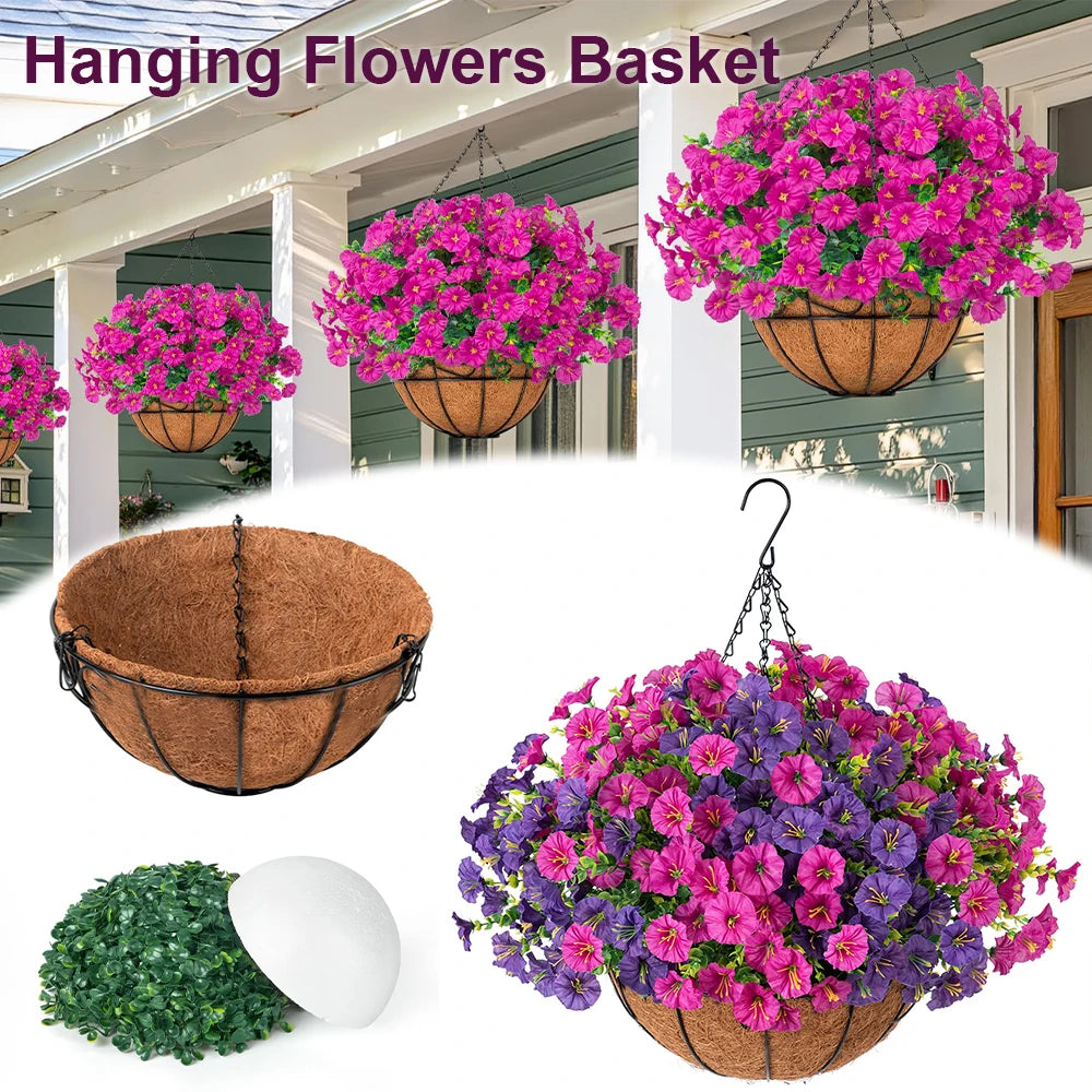 A vibrant purple and pink hanging basket of artificial morning glory flowers displayed outdoors.