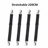 Set of four black stretchable bed sheet corner straps, 220cm long.