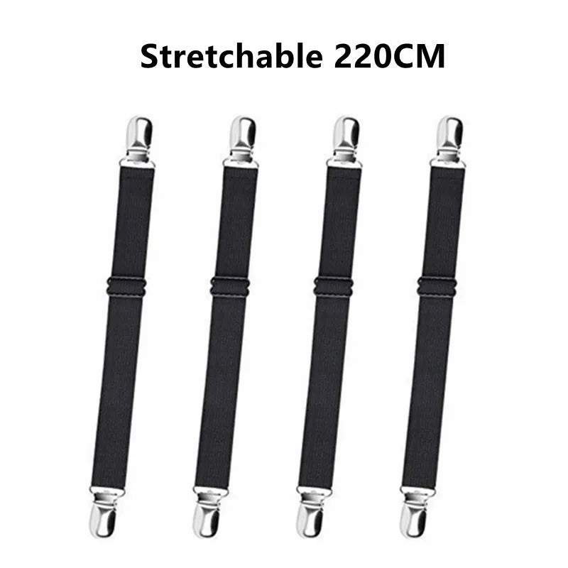 Set of four black stretchable bed sheet corner straps, 220cm long.
