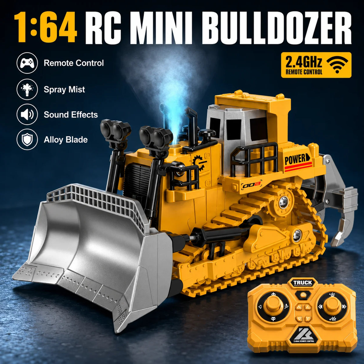 A yellow 1:64 RC mini bulldozer toy featuring an alloy blade and various sound effects.