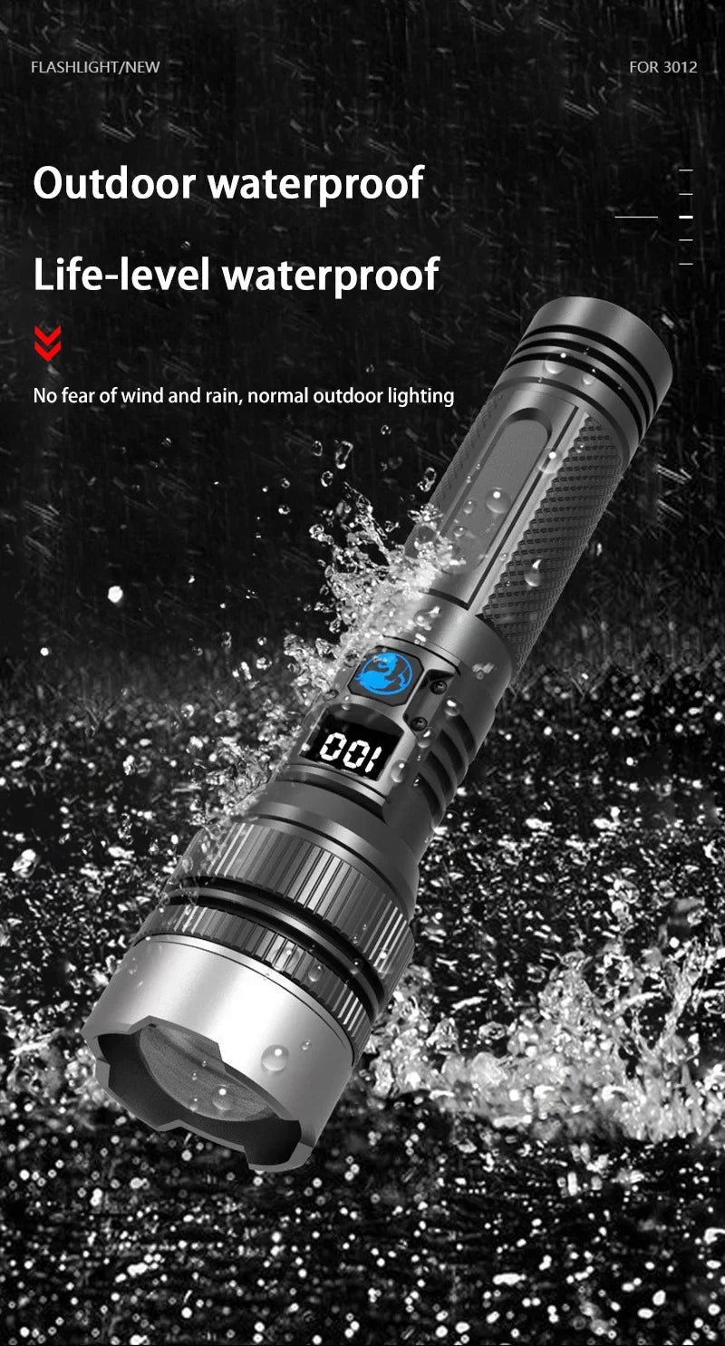 A silver and black high-power rechargeable LED flashlight is shown being used in a wet, outdoor environment.