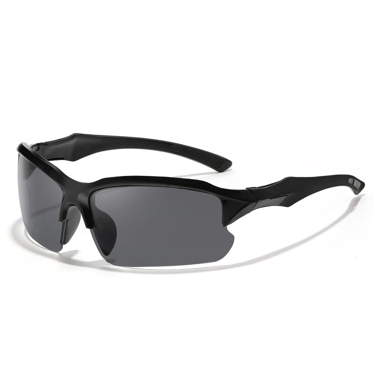 A pair of black polarized sports sunglasses viewed from the front.