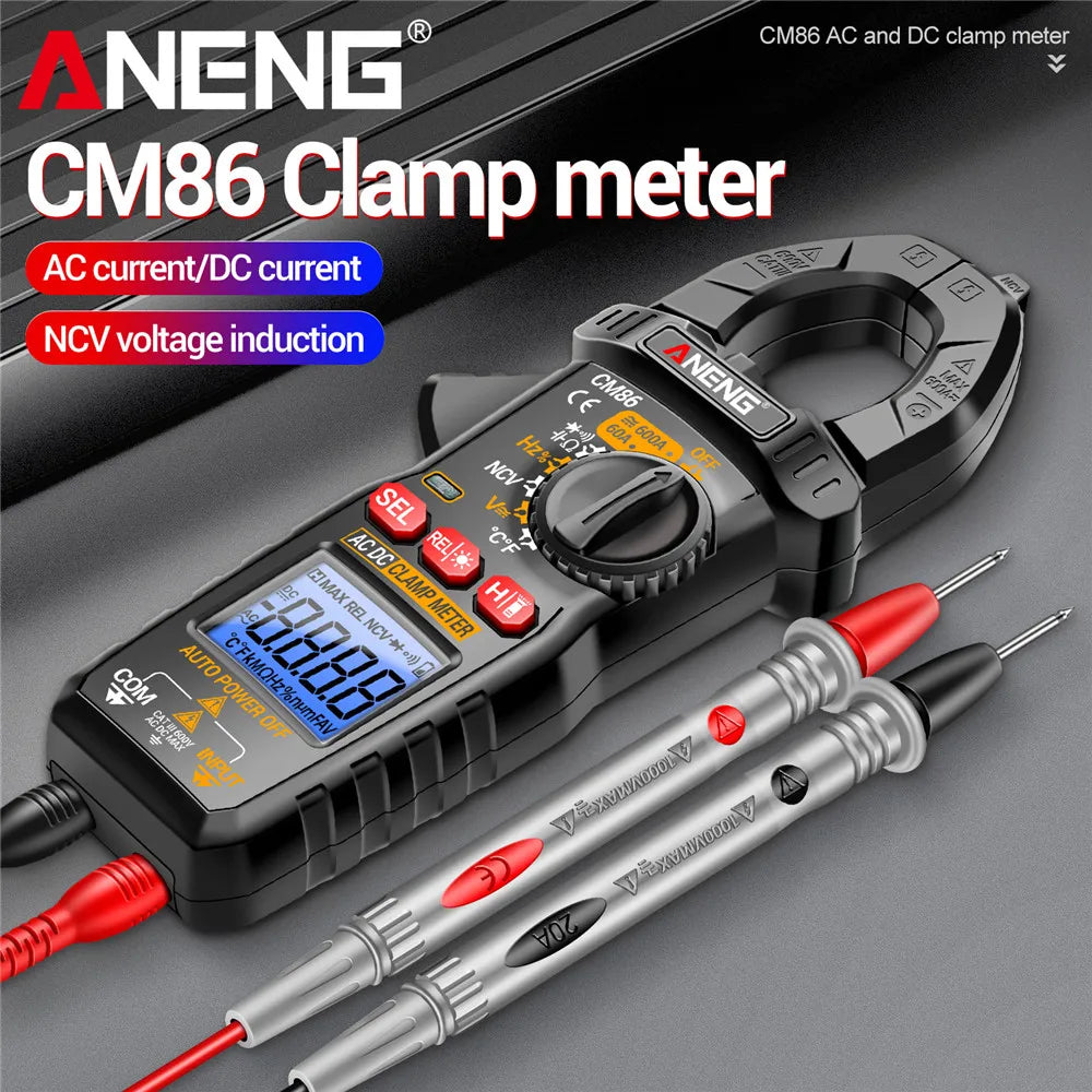 Aneng CM86 clamp meter device with probes and accessories shown on a dark background