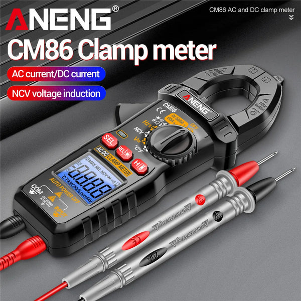Aneng CM86 clamp meter device with probes and accessories shown on a dark background