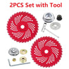 A 2PCS set of red carbide tipped brush cutter blades with a tool for heavy-duty trimming.