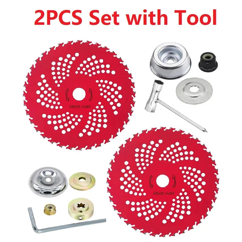 A 2PCS set of red carbide tipped brush cutter blades with a tool for heavy-duty trimming.
