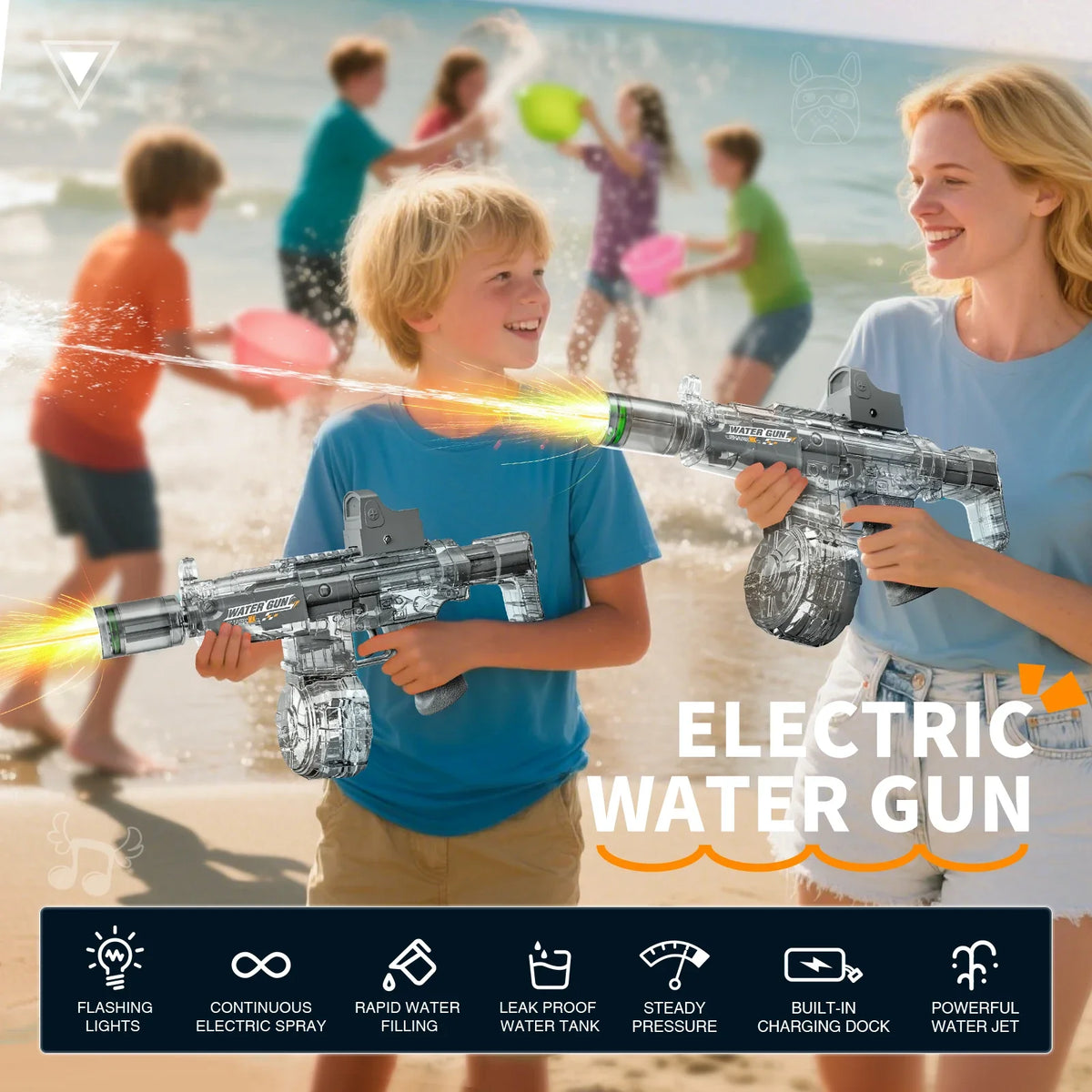 A woman is holding an electric water gun aimed at a boy playing in the ocean, demonstrating the product.