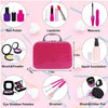 A collection of kids pretend makeup products including nail polish, lipsticks, mascara, liquid foundation, eyeshadow palettes