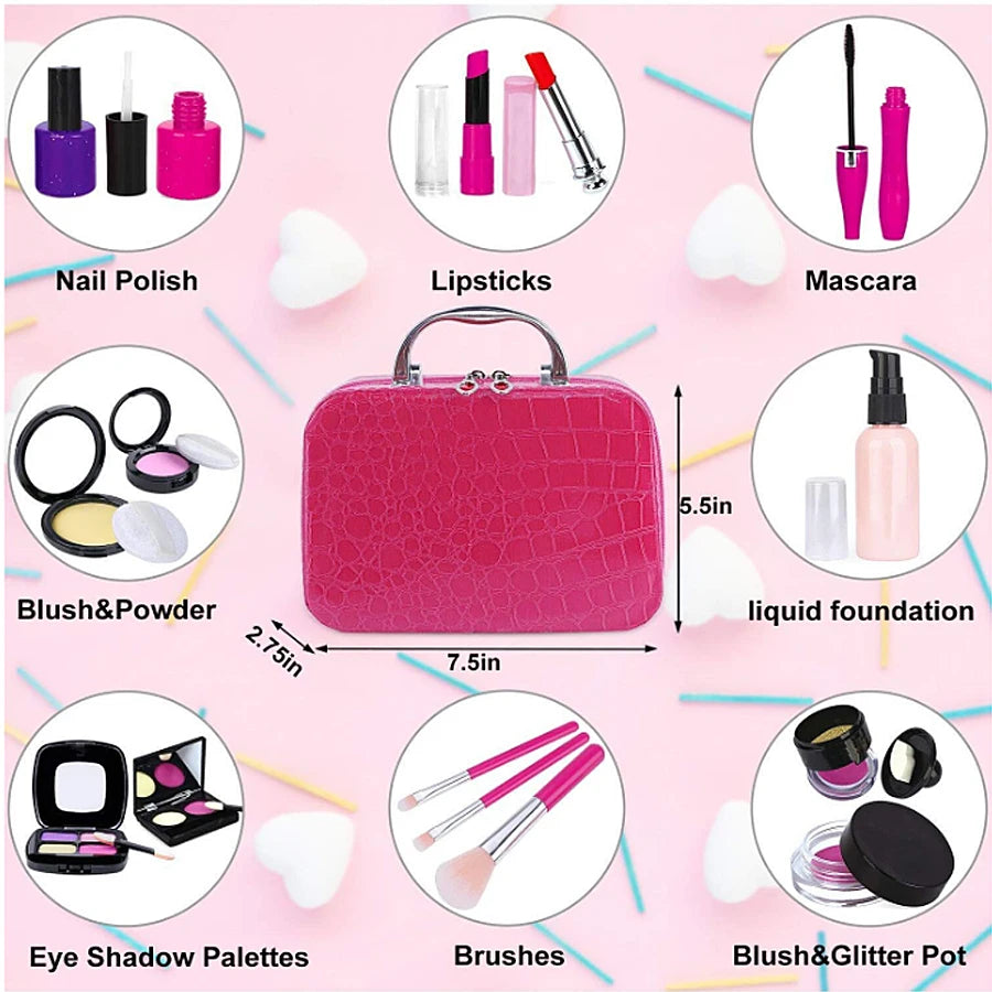 A collection of kids pretend makeup products including nail polish, lipsticks, mascara, liquid foundation, eyeshadow palettes