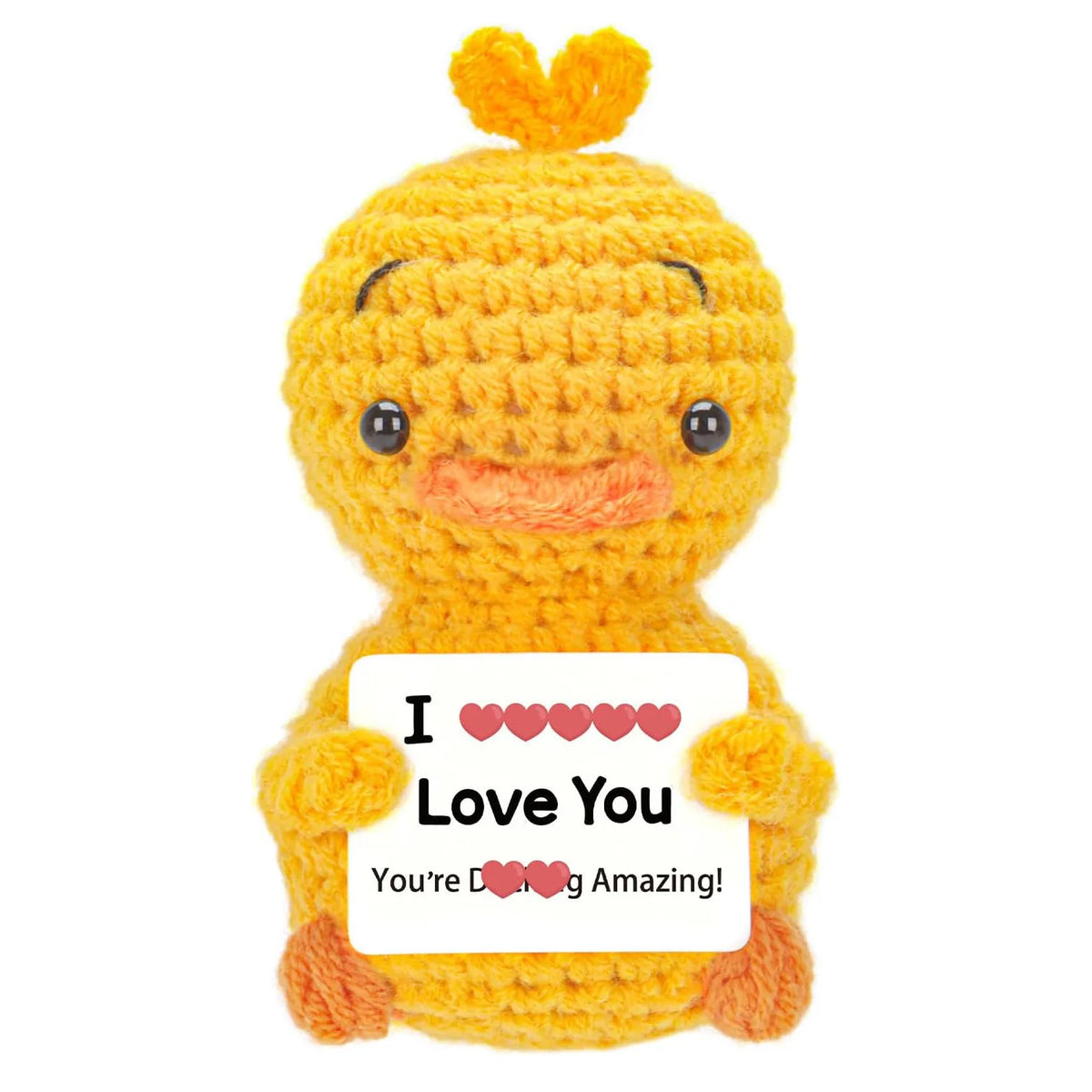 Handmade crochet yellow hedgehog doll with an inspirational card