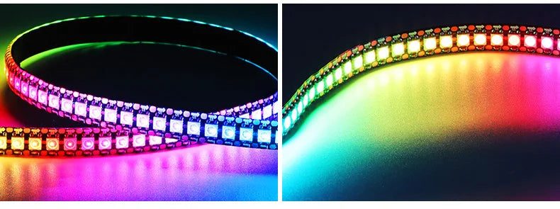 An individually addressable RGB LED strip light curving across a dark background, displaying a rainbow spectrum of colors.