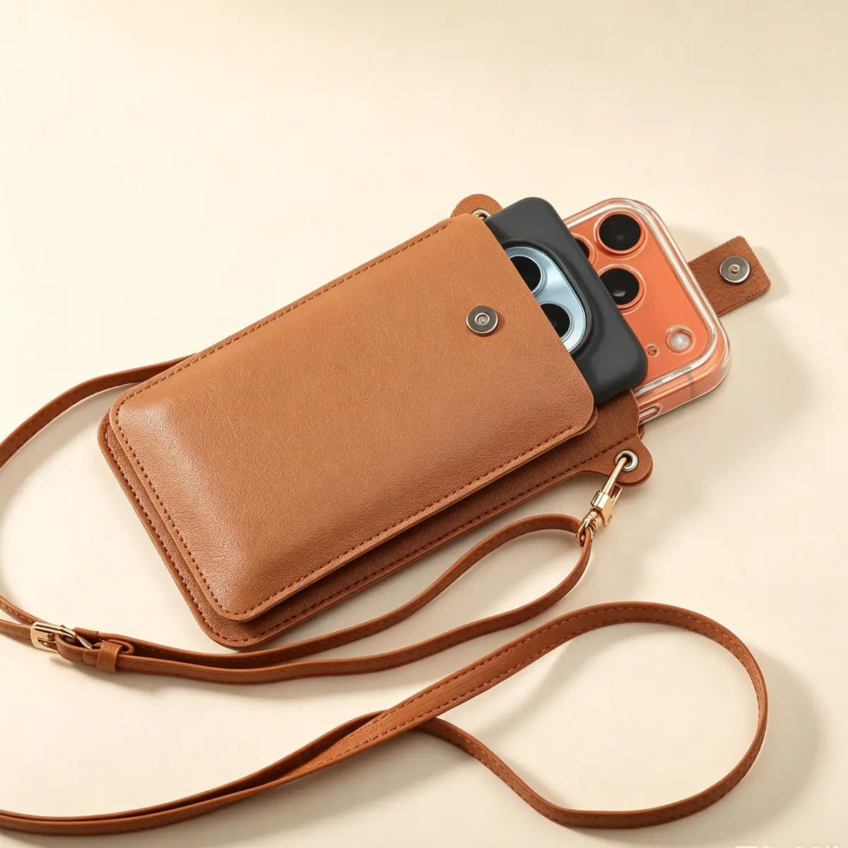 A tan PU leather crossbody bag holding a smartphone, resting on a light background.