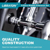 A close-up view of a black 9-piece wobble extension set made from heat treated Cr-V steel with a mirror polish finish.