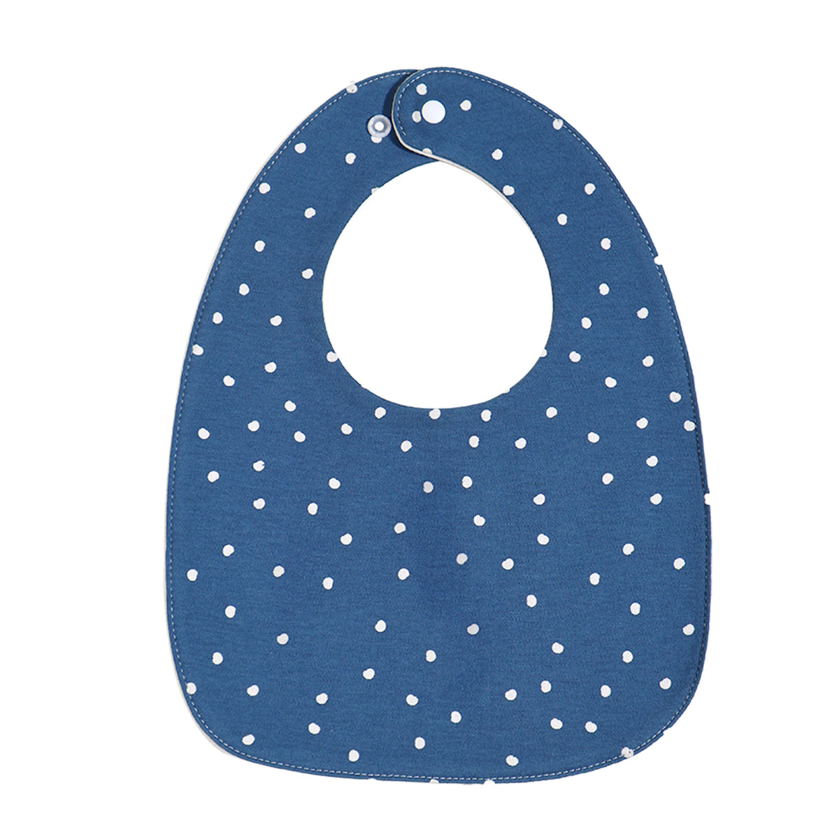 A navy blue baby bib with a U-shaped design and white polka dots.