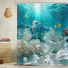 Ocean life shower curtain featuring a vibrant underwater scene with seahorses and coral reefs