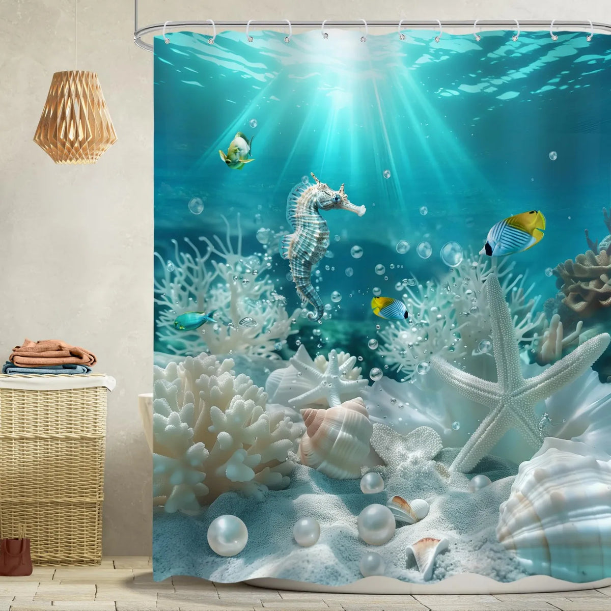 Ocean life shower curtain featuring a vibrant underwater scene with seahorses and coral reefs