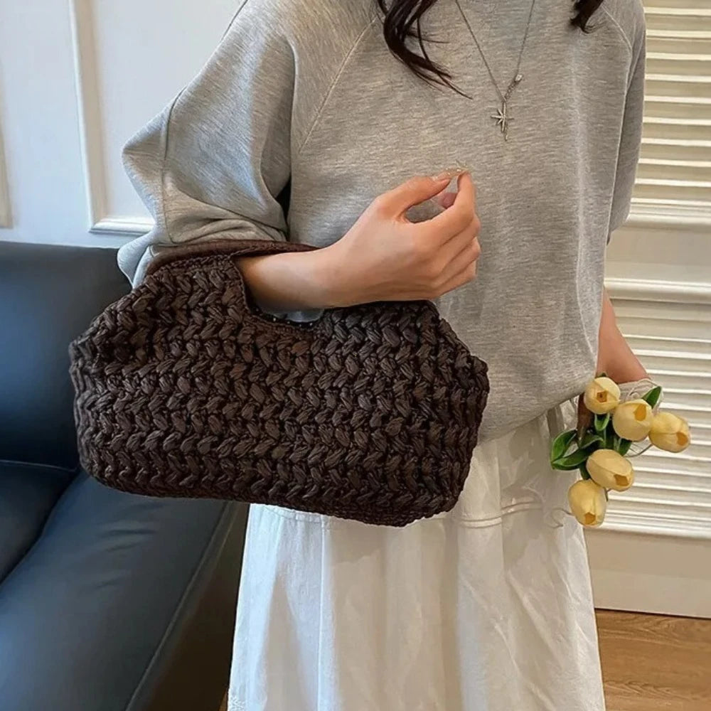Handwoven Straw Tote Bag with Zipper