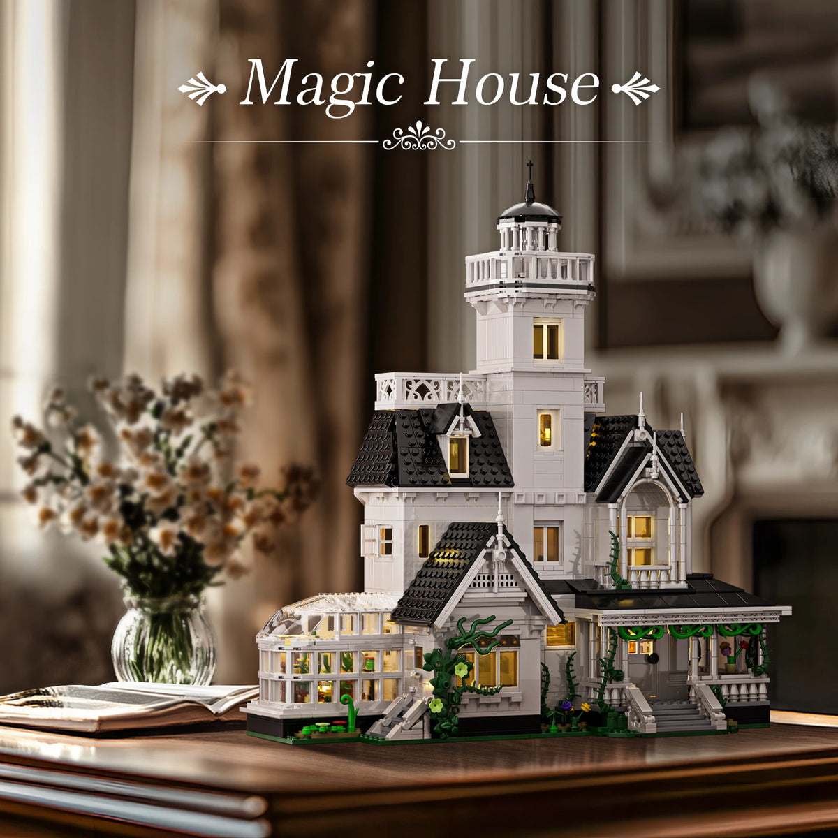 A detailed miniature model of a white Victorian house with multiple stories and architectural features.