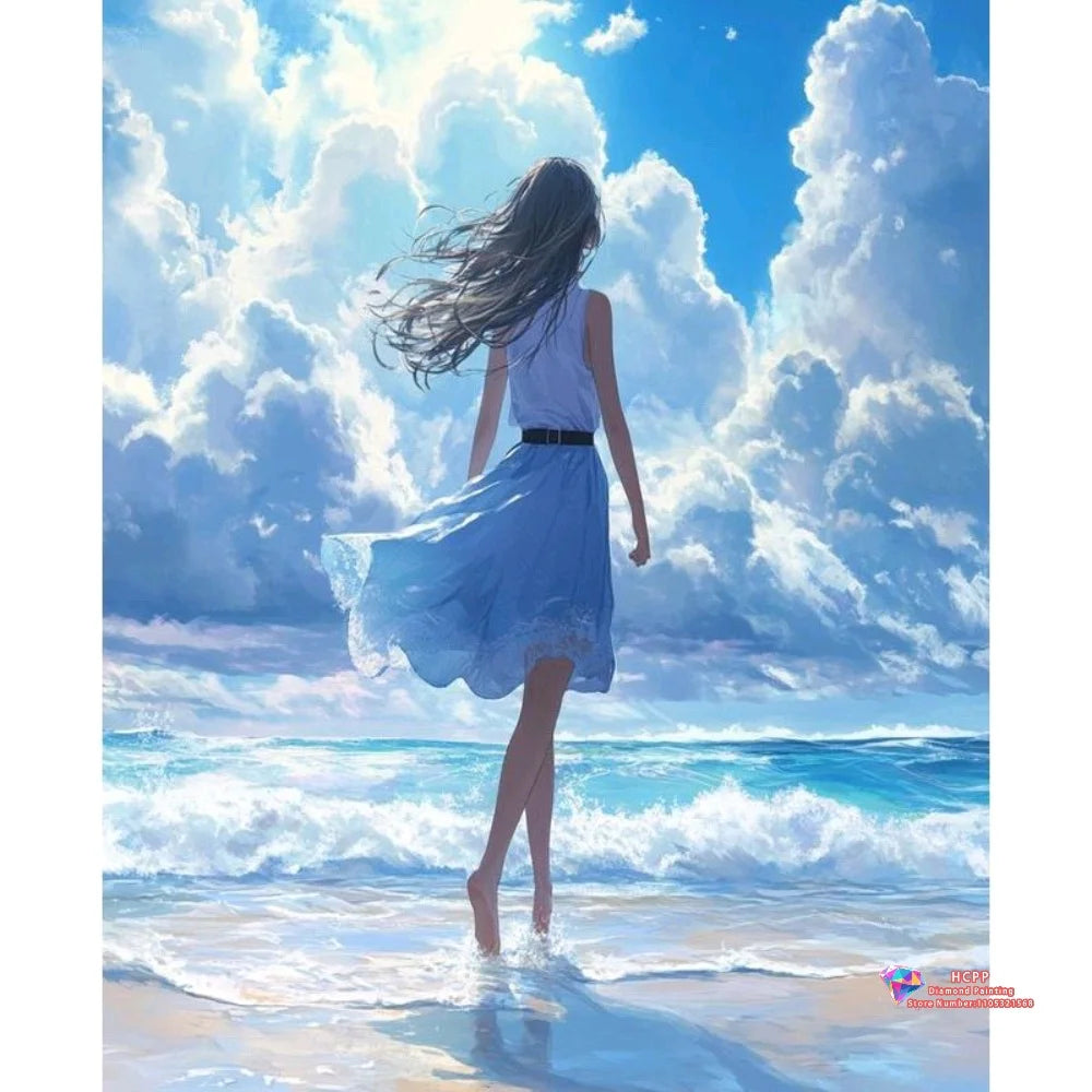 A woman with long hair in a light blue dress stands facing the ocean under a bright, cloudy sky.